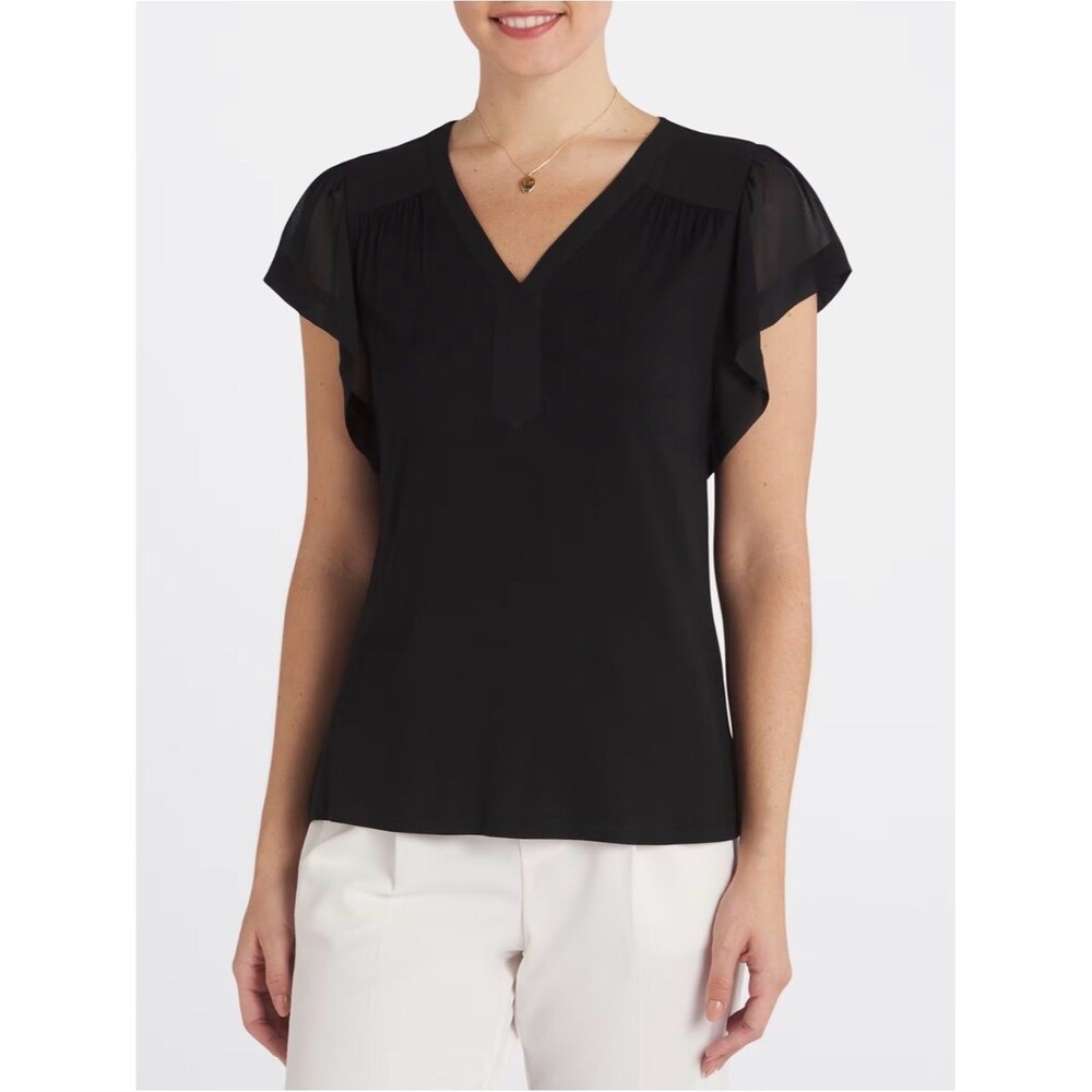 NWT Stitch Fix Les Serein Elah Flutter Sleeve Knit Top size Medium Black Stretch